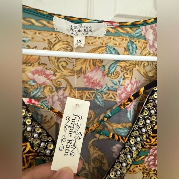 NWT Purple Rain bellsleeve Floral Print Sequin Beaded Neckline Boho Chic Tunic3X - Picture 4 of 6
